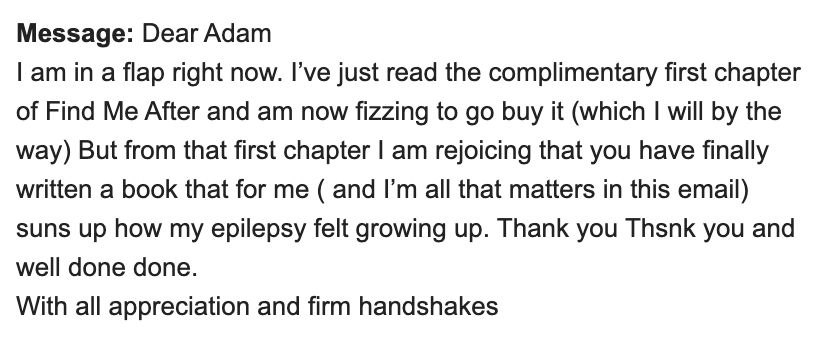 This lovely message from a reader with epilepsy has made my day!

For the intrigued, the free first chapter of #FindMeAfter mentioned can be found here: 

aconnors.com/find-me-after-…

<a href="/scholasticuk/">Scholastic UK</a> <a href="/KateJShaw/">Kate Shaw</a>