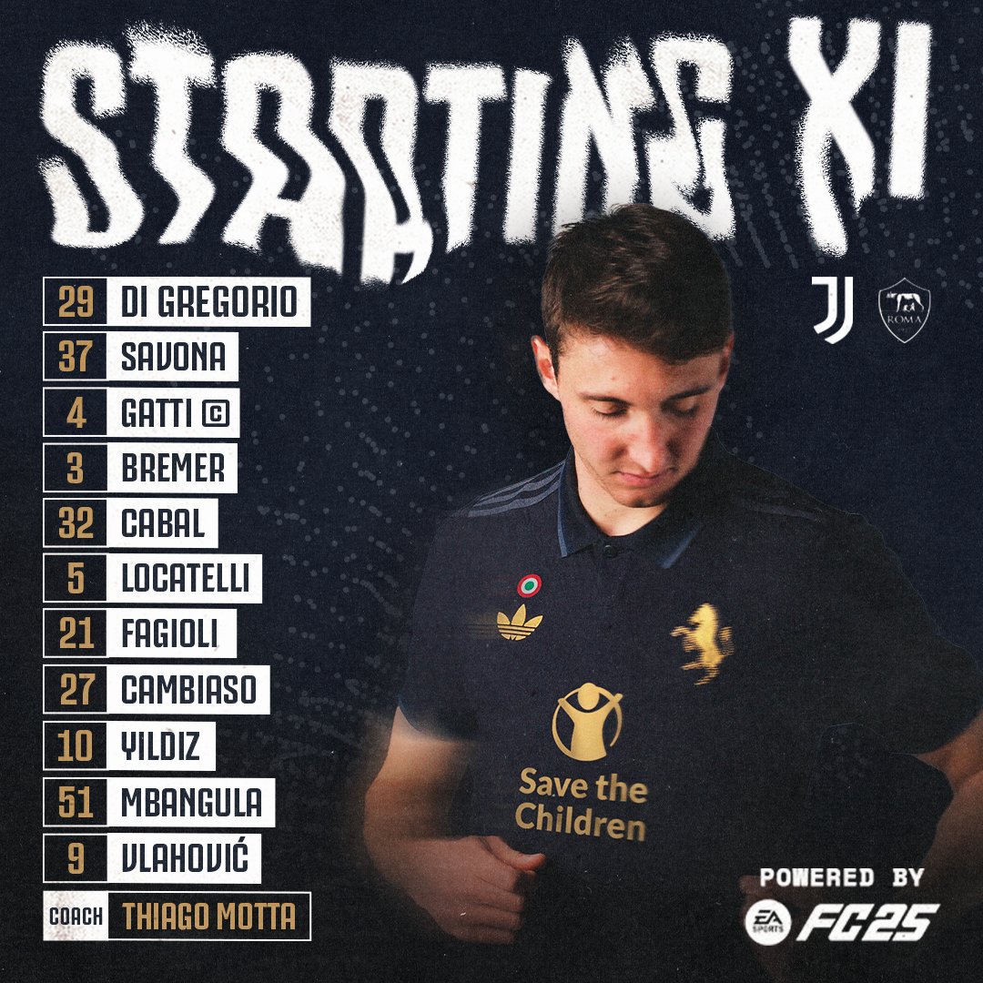 juventusfc's tweet photo. ✍🏻 Gli 1️⃣1️⃣ titolari scelti da mister Thiago Motta per #JuveRoma 📜

Powered by @EASPORTSFC https://t.co/rm0ReyVdf5