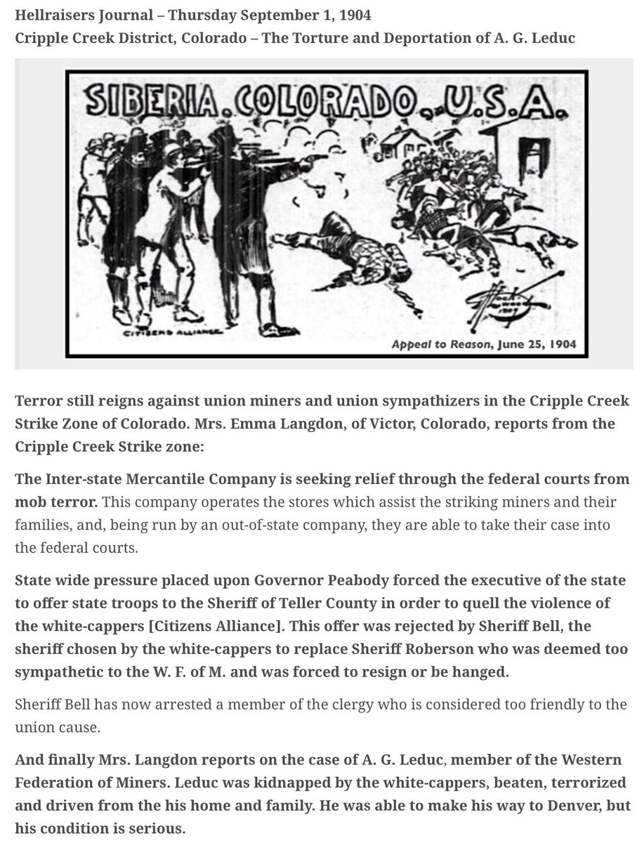 LaborMartyrs's tweet photo. #UnonStrong #Solidarity #CrippleCreekStrike1904 #WesternFederationofMiners
Hellraisers Journal: Mrs. Langdon Reports on the Torture and Deportation of A. G. Leduc of the Western Federation of Miners https://t.co/FcWuYA6ttC https://t.co/4BYDCfECFN