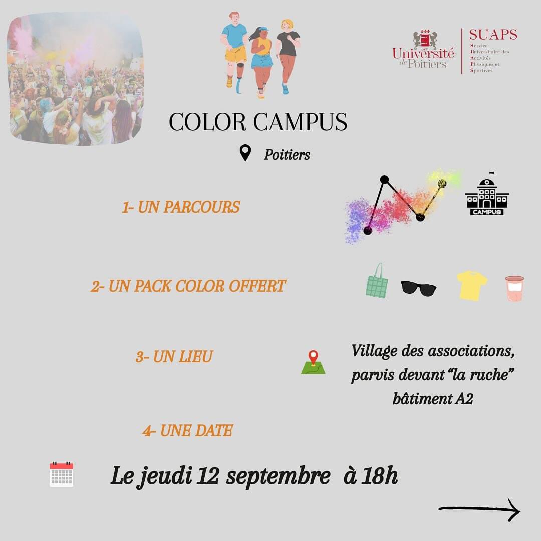 SUAPSPoitiers's tweet image. Les informations incontournables de cette COLOR CAMPUS et les temps forts de l’événement! 💙💚🖤❤️💛
A très vite pour la distribution des packs ☺️
L’équipe du SUAPS
@UnivPoitiers @POITIERS_CROUS @poitiersfr
#poitiers #suaps #fss #colorcampus #cvec #univpoitiers