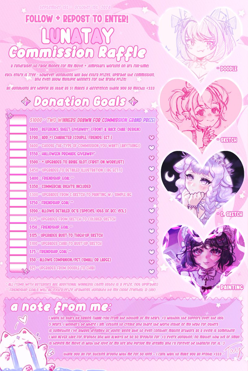 LunatayyVT's tweet image. ₊˚ෆ 𝐝𝐨𝐨𝐝𝐥𝐞 𝐜𝐨𝐦𝐦𝐢𝐬𝐬𝐢𝐨𝐧 fundraiser!

I'm moving in with my LDR boyfriend and going full-time artist!! ~! this is a free raffle with dono goals to make that possible. ｡°(°.◜ᯅ◝°)°｡

💗FOLLOW + REPOST to enter! 
｡ෆ winners drawn on Oct 1st
more details below ෆ ෆ