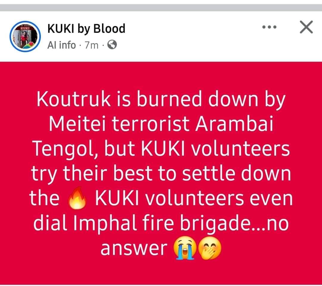 The fact will reveal soon....
Manipur Koutruk is set fire by meitei terrorist....
<a href="/thewire_in/">The Wire</a> <a href="/htTweets/">Hindustan Times</a> <a href="/EastMojo/">EastMojo</a> <a href="/narendramodi/">Narendra Modi</a> <a href="/RahulGandhi/">Rahul Gandhi</a> <a href="/aajtak/">AajTak</a> <a href="/INCIndia/">Congress</a> <a href="/AmitShah/">Amit Shah</a> <a href="/BBCWorld/">BBC News (World)</a>......