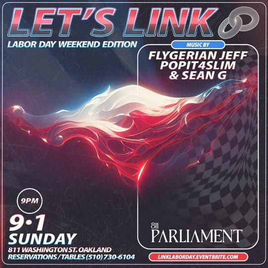 TONIGHT

LET’S LINK: LABOR DAY WEEKEND EDITION

MUSIC BY
<a href="/FlygerianJeff/">Amechi 🇳🇬</a> 
<a href="/popit4slim/">popit4slim 🇰🇭</a> 
<a href="/DeeJaySeanG/">liked songs</a> 

9PM-2AM <a href="/811Parliament/">Parliament</a> 

rb.gy/e6hl1h