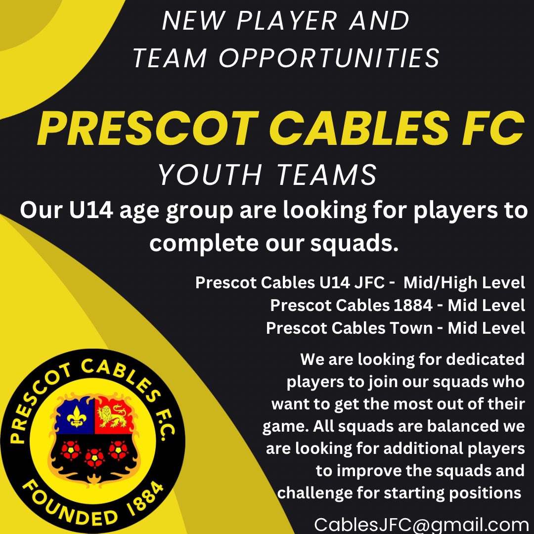 Michael Corless (@mcsoccerschools) on Twitter photo Could we please RT.
Looking for the final few places across our 3 x U14’s teams for the 2024/25 season.
Some really committed players in our new groups.
Different ability levels welcome all we ask for is committed players to come and join us ⚽️👍🏻
<a href="/PrescotCablesFC/">Prescot Cables FC</a> <a href="/CablesJFC/">PrescotCablesJFC</a> Could we please RT.
Looking for the final few places across our 3 x U14’s teams for the 2024/25 season.
Some really committed players in our new groups.
Different ability levels welcome all we ask for is committed players to come and join us ⚽️👍🏻
<a href="/PrescotCablesFC/">Prescot Cables FC</a> <a href="/CablesJFC/">PrescotCablesJFC</a>