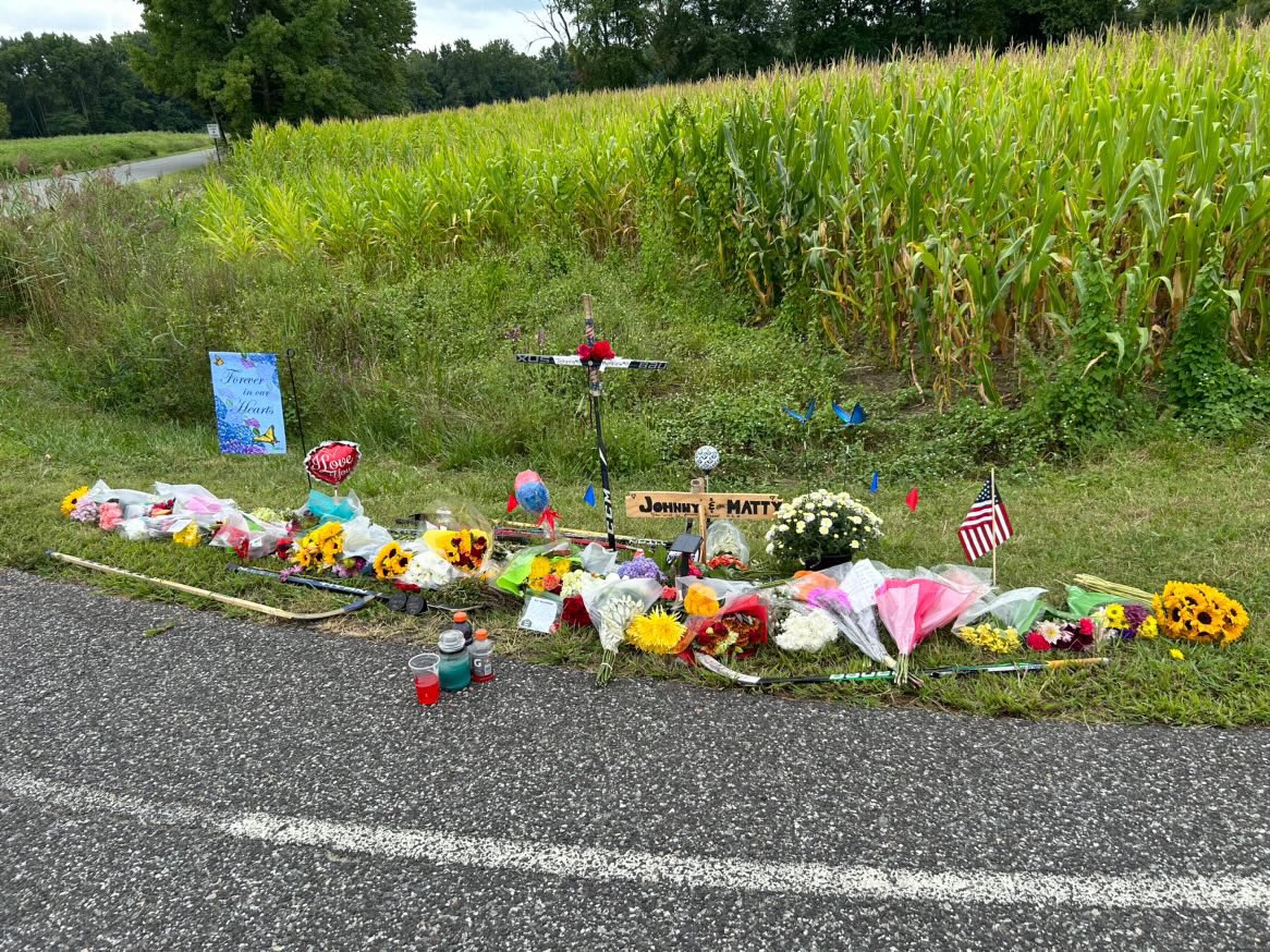 The memorial for Johnny and Matthew Gaudreau along the road they were riding their bicycles ❤️ (via IG/braden.orourke)