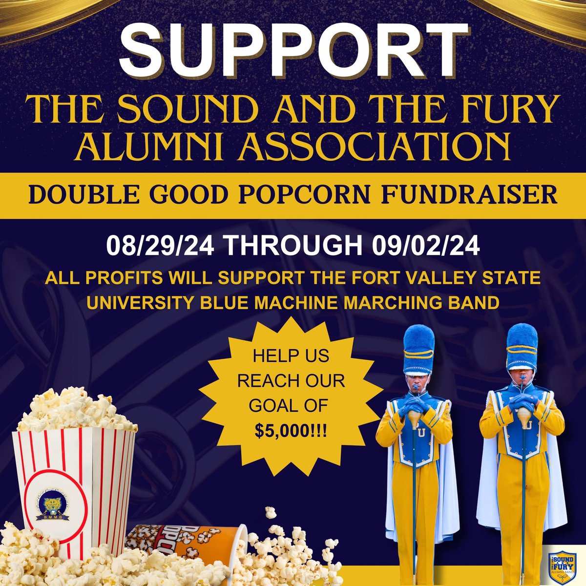 FVSUDCAlumni's tweet photo. Have you heard the news?👀 The Blue Machine is selling Double Good Popcorn from now until September 2nd! Proceeds will help us get new uniforms, travel, and more! Click the link and help us reach our goal! 🔥https://t.co/W9xlJ1OG86 #bluemachine #hbcubands #bmmb #marchingband https://t.co/TrVy5TdxBQ