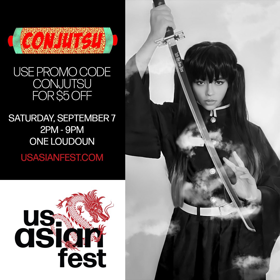 Conjutsu's tweet photo. The First Ever US Asian Festival is Coming to One Loudoun on September 7, 2024! In collaboration with @usasianfest. @DarkheartKorri & @Moonkiller17 are your cosplay judges! Join us at the One Loudoun Festival Grounds from 2pm-9pm!
#conjutsu
#cosplay
#asianfest
#asianfood
#fyp https://t.co/Mn3Oh7HMhx