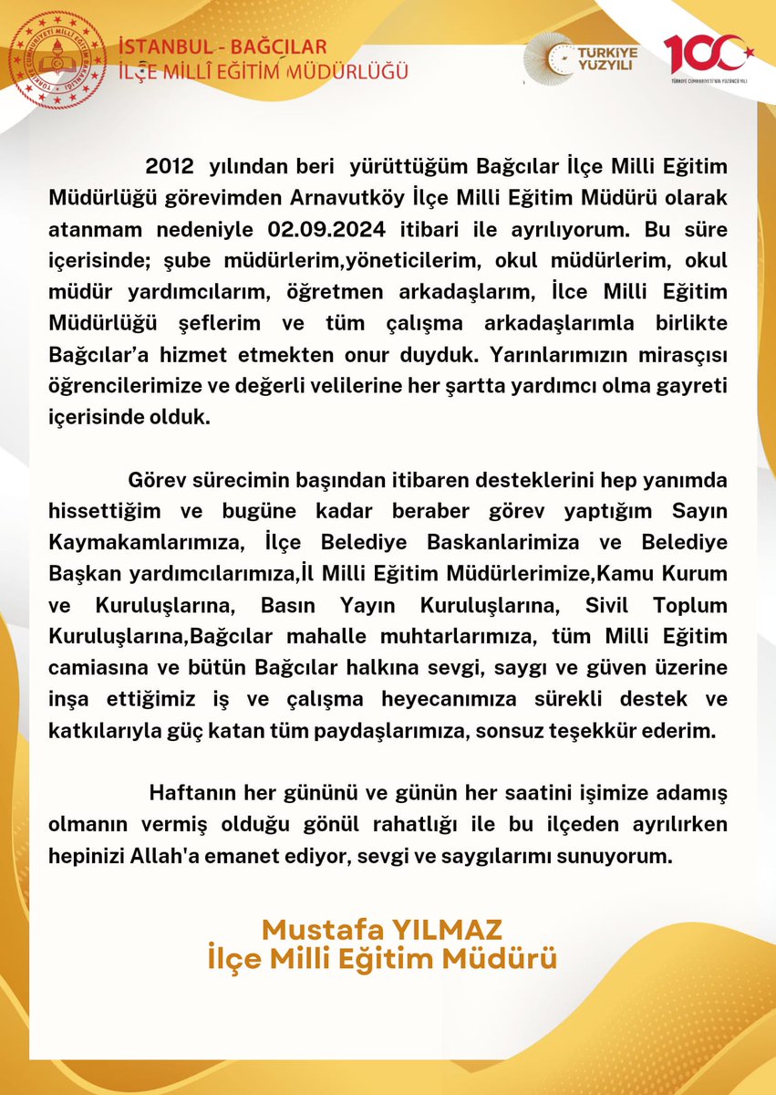 İlçe Milli Eğitim Müdürümüz Mustafa YILMAZ'ın veda mesajı..