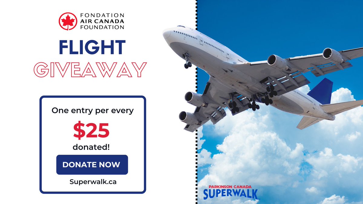 Parkinson Canada SuperWalk (@superwalk) on Twitter photo BIG NEWS!🚨
For every $25 you donate between now & 11:59 p.m. ET on Sat. Sept. 14 will count as one entry for your chance to win 2 Economy Class tickets valid for travel to any <a href="/AirCanada/">Air Canada</a> scheduled destination in North America!
#Superwalk24 BIG NEWS!🚨
For every $25 you donate between now & 11:59 p.m. ET on Sat. Sept. 14 will count as one entry for your chance to win 2 Economy Class tickets valid for travel to any <a href="/AirCanada/">Air Canada</a> scheduled destination in North America!
#Superwalk24