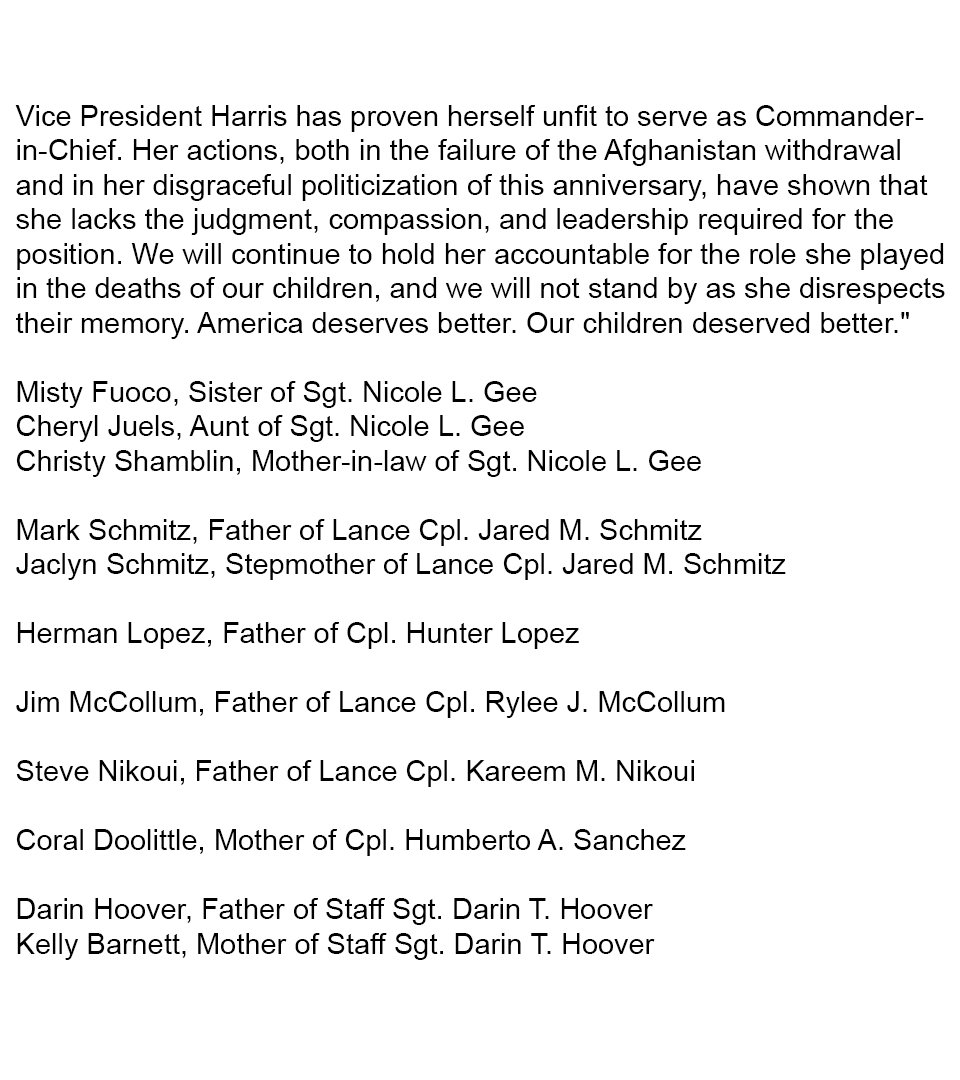 RealMacReport's tweet photo. 🚨Just In: Statement from Gold Star families to Kamala Harris. https://t.co/JGd5xSggWU