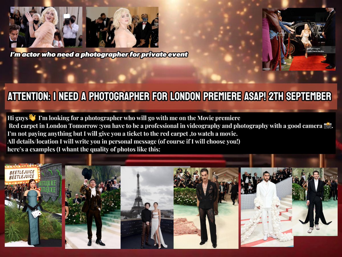 silico99897's tweet photo. I need professional photographer for London premiere 2th August ASAP (not paid but you will have a ticket for red carpet and watch the movie!)
#londonpremiere #redcarpet #freeticket #notpaid
#experience #SpecialEvents 
#needphotographer #ineedphotographer #netflix @netflix https://t.co/guaAw3i0zp