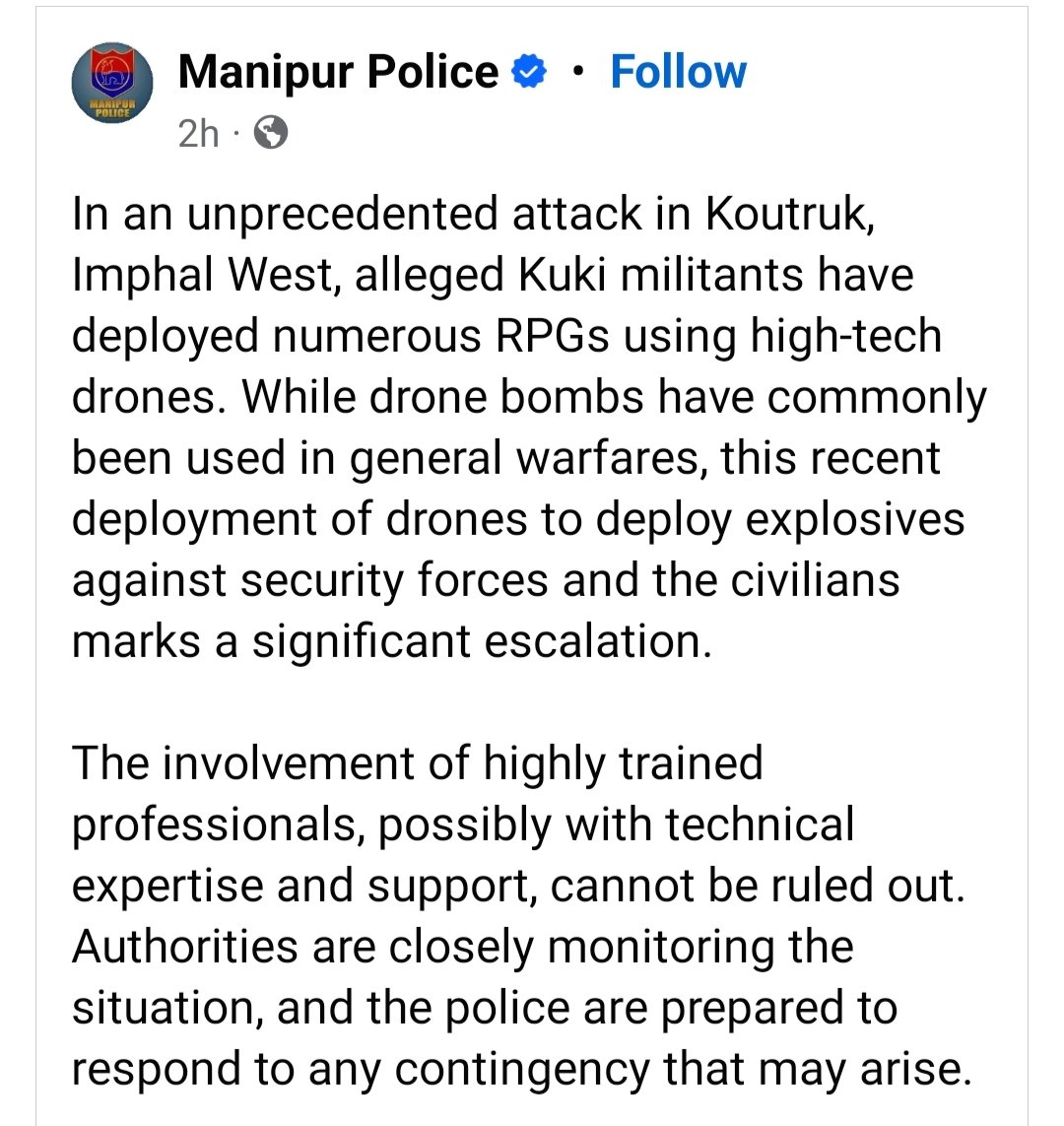 MaharajaManipur's tweet photo. @ManipurPolice has confirmed the use of RPGs High - Tech Drones by highly trained Kuki Militants in today's attack at Koutruk Village Imphal West Manipur ; Appeals the General Public to maintain Restraint.
@narendramodi @AmitShah @rajnathsingh @JPNadda @PMOIndia https://t.co/BsBfjrblzh