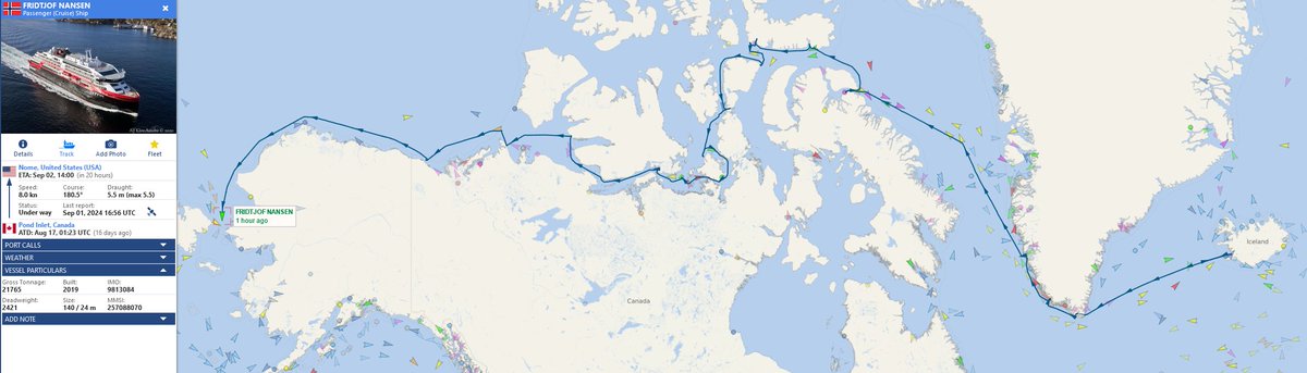 Railotech's tweet photo. @Silversea @VesselFinder ...and as we add new ships to our tracking list, @HX_Expeditions's #PolarClass6 cruise ship Fridtjof Nansen approaches the Bering Strait and the end of its westbound #NorthwestPassage transit.
(AIS data via @VesselFinder) https://t.co/MPdzz6aKmU