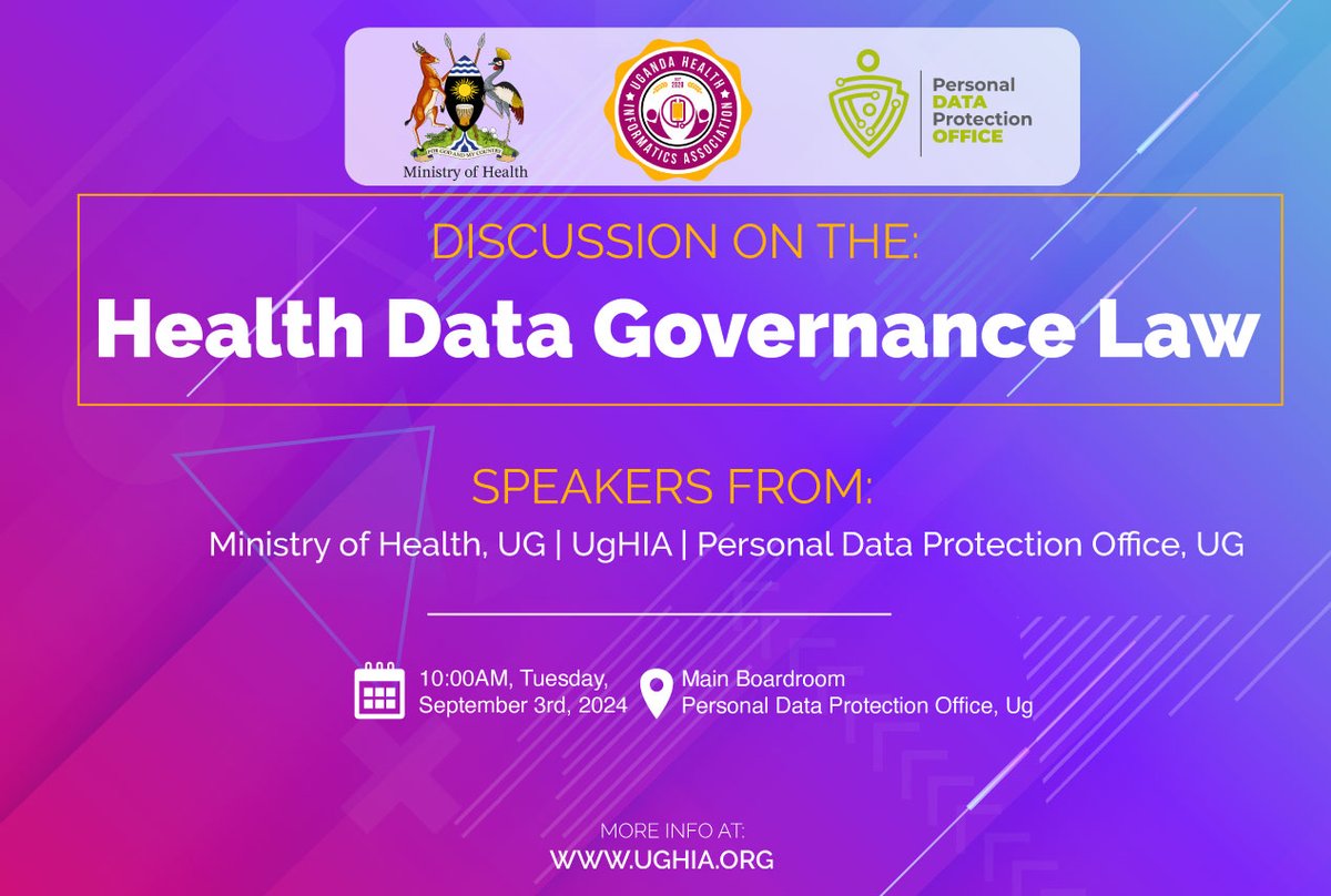 UgHIA (@ughiaorg) on Twitter photo Join us for a crucial meeting on Tuesday, 3rd September, 2024 as we discuss the Health Data Governance Law. We’ll be meeting with the Data Protection Office to raise awareness and seek their endorsement.
<a href="/pdpoUG/">Personal Data Protection Office, Uganda</a> , <a href="/MinofHealthUG/">Ministry of Health- Uganda</a> , <a href="/UgHIAorg/">UgHIA</a> , <a href="/Trans4m_Health/">Transform Health</a> , <a href="/HelinAfrica/">The Pan African Health Informatics Association</a> Join us for a crucial meeting on Tuesday, 3rd September, 2024 as we discuss the Health Data Governance Law. We’ll be meeting with the Data Protection Office to raise awareness and seek their endorsement.
<a href="/pdpoUG/">Personal Data Protection Office, Uganda</a> , <a href="/MinofHealthUG/">Ministry of Health- Uganda</a> , <a href="/UgHIAorg/">UgHIA</a> , <a href="/Trans4m_Health/">Transform Health</a> , <a href="/HelinAfrica/">The Pan African Health Informatics Association</a>