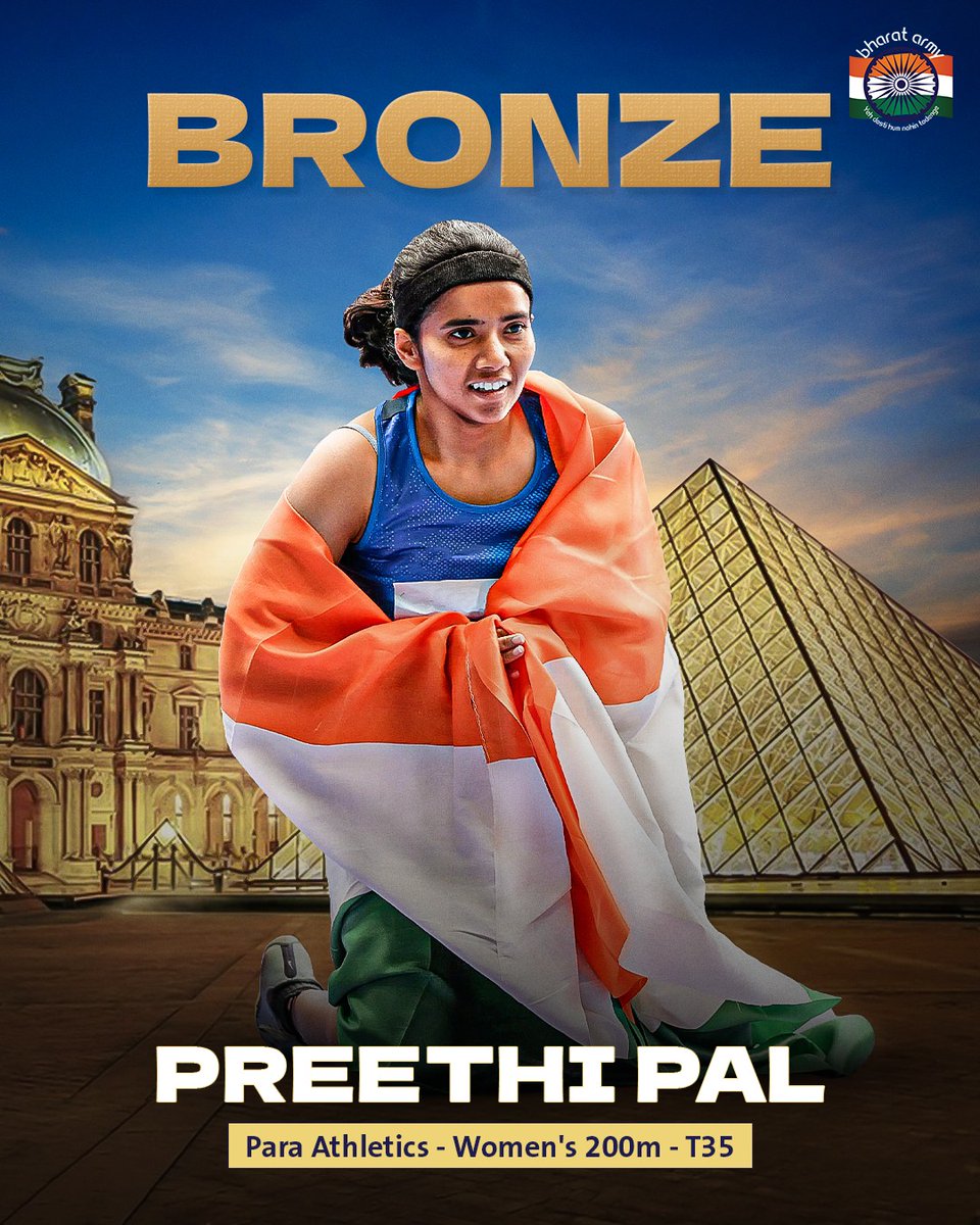 thebharatarmy's tweet image. 🥉🇮🇳 Double the bronze, double the pride! Preethi Pal adds another medal to India&apos;s tally at the Paris Paralympics 2024. 

📷 Getty • #PreethiPal #Athletics #ParaAthletics #Paris2024 #Paralympics #TeamIndia #BharatArmy #COTI🇮🇳