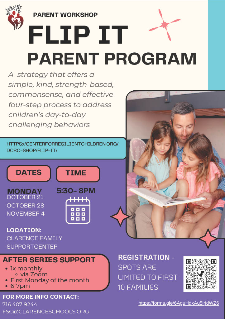 We will be hosting the "Flip It" caregiver/parent skill-building workshop starting in October.

We had very positive feedback when we ran it last year, so consider attending if you didn't last year!
See flyer for more info

#ClarenceProud