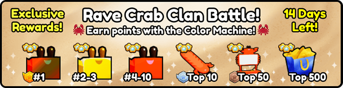 Less than 11 days left of the Rave Crab Clan Battle and the top 10 clans are:

MREQ - 24720
BEZE - 24100
RSOP - 22400
GSTG - 21630
LCRD - 21450
X70 - 21340
minx - 21250
GIum - 20760
hlx - 20440
AWZY - 20420