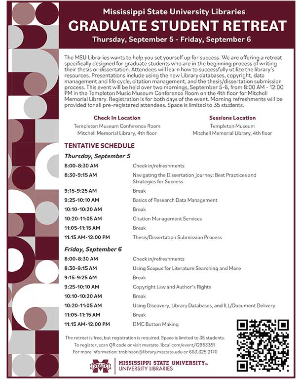 Mississippi State University Libraries (@msu_libraries) on Twitter photo The University Libraries want to help set grad students up for success. We're offering a two-day retreat for those in the early stages of writing their thesis or dissertation. Registration is limited. Learn more here: msstate.libcal.com/event/12953351 <a href="/MSStateGrads/">Mississippi State Graduate School</a> The University Libraries want to help set grad students up for success. We're offering a two-day retreat for those in the early stages of writing their thesis or dissertation. Registration is limited. Learn more here: msstate.libcal.com/event/12953351 <a href="/MSStateGrads/">Mississippi State Graduate School</a>