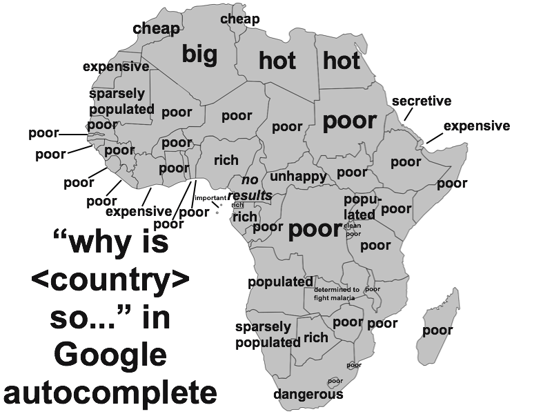 hallaboutafrica's tweet photo. Stereotypes and misconceptions. This map shows the most Googled questions about African countries. Sadly, it shows the worldwide web users' view that Africa is impoverished. But puzzlements: Western Sahara "expensive"? Republic of Congo "unhappy"? We've got education work to do! https://t.co/0X2A3gIwBA