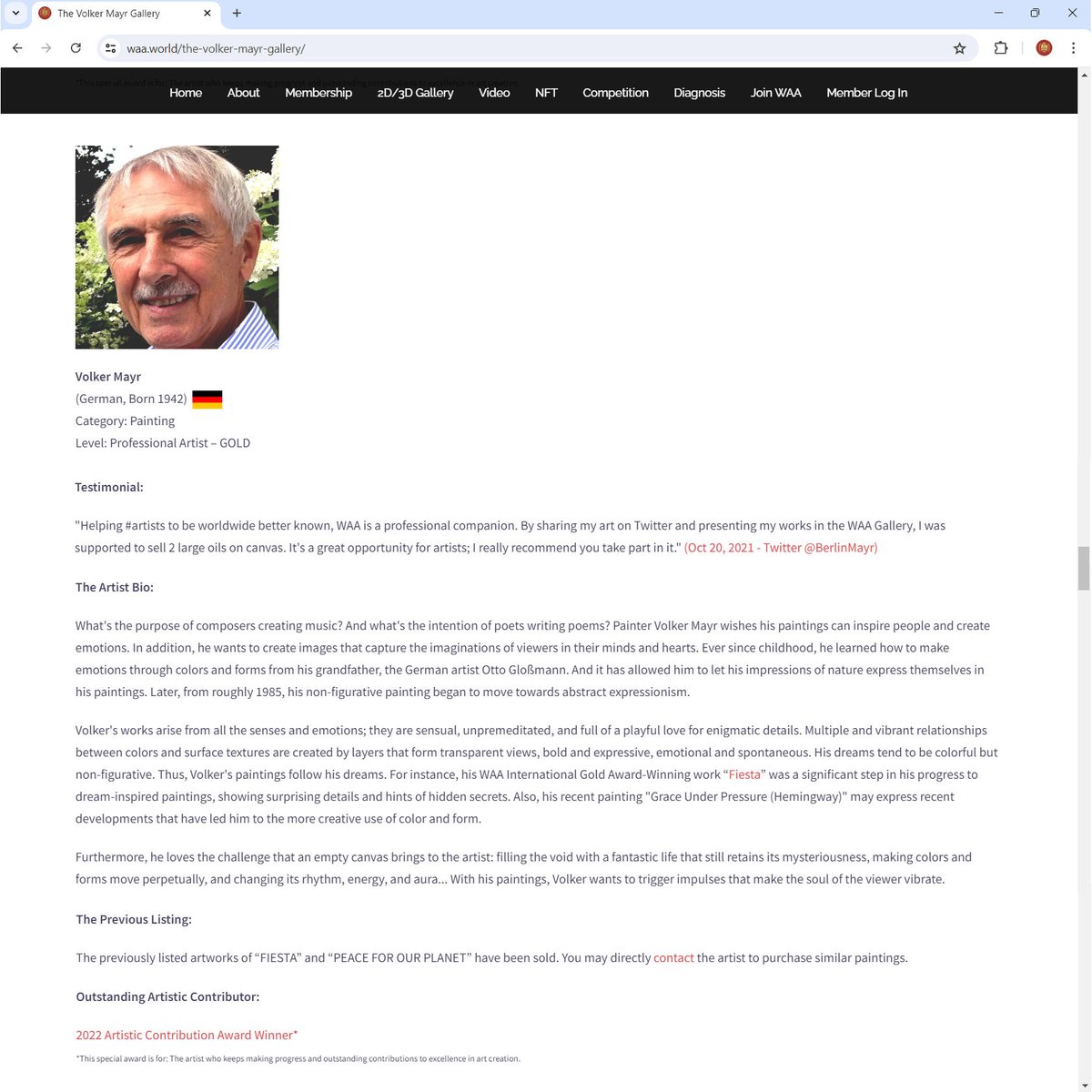 ^
AN INTRODUCTION FOR THE WAA MEMBER

Artist: Volker Mayr
Place/Country: Berlin, Germany 🇩🇪
Category: Painting
Level: Professional Artist - GOLD

2D/3D Gallery: waa.world/the-volker-may…
For more artworks and info, please visit:
volker-mayr.de

#ProfessionalArtist