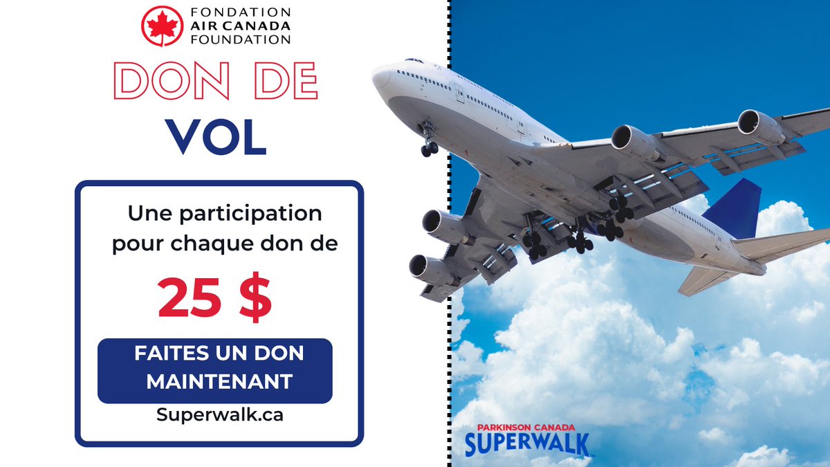 Parkinson Canada SuperWalk (@superwalk) on Twitter photo Pour chaque 25$ que vous donnez entre maintenant & 23h59 HE le samedi 14 sept. vous obtiendrez un bulletin de participation pour une chance de gagner 2 billets en classe économique valables pour voyager vers n'importe quelle destination prévue par <a href="/AirCanada/">Air Canada</a> en Amérique du Nord! Pour chaque 25$ que vous donnez entre maintenant & 23h59 HE le samedi 14 sept. vous obtiendrez un bulletin de participation pour une chance de gagner 2 billets en classe économique valables pour voyager vers n'importe quelle destination prévue par <a href="/AirCanada/">Air Canada</a> en Amérique du Nord!