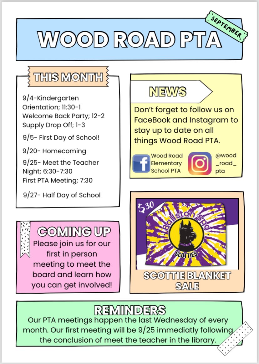 Don’t forget to look for your copy of the Wood Road PTA September Newsletter at the Welcome Back Party on 9/4. This as well as membership forms will be available for pick up at our PTA table. Stop by chat with our board members and see how you can help out your child’s school.