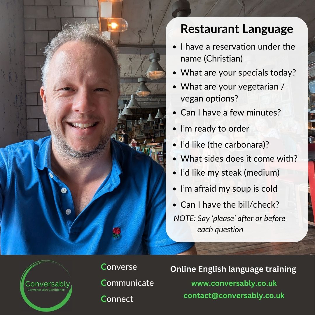 Conversablybiz's tweet image. Must-know vocabulary at a restaurant.
conversably.co.uk
#practicallanguage #LearnEnglish #englishteacher #businesslanguagecoace #IELTS