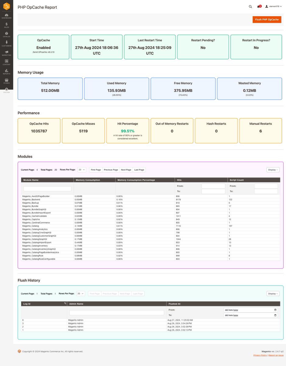 level42psyduck's tweet image. Just published another #Magento2 sytem monitoring module - this time for PHP OpCache. 
Gain insights into its current state as well as a way to flush OpCache - including a blame log of who flushed it & when😉
Temporal data & visualisation coming soon...
github.com/element119/mod…