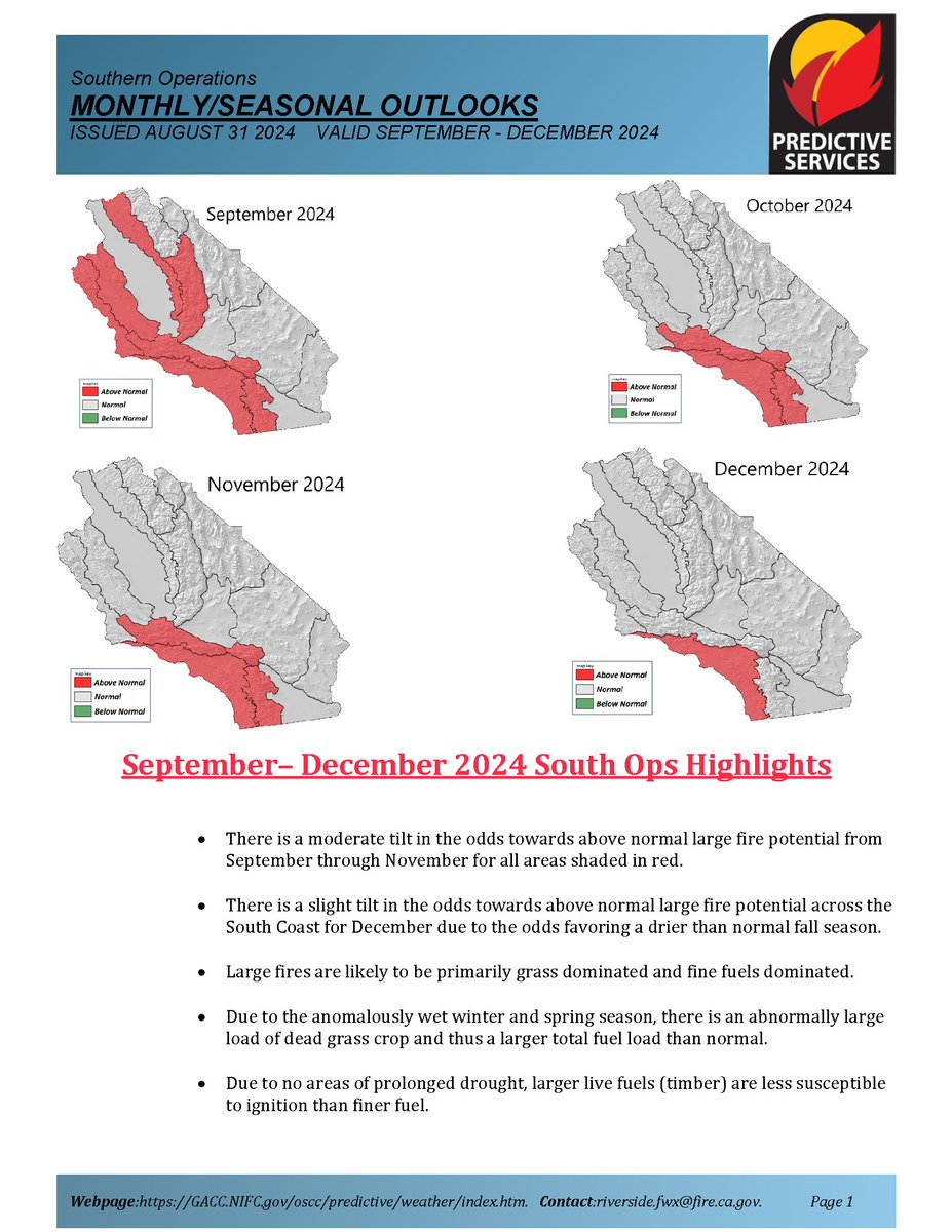 JhawkFire's tweet photo. 1/2 #SoOpsPredServices #Assessment_Outlook Sept-Dec 2024 #FireWeather #FireFuels #FireBehavior
https://t.co/S61aL2PojD @NWSLosAngeles @NWSSanDiego @NWSSPC @NWS_IMET_OPS @RichIMET https://t.co/3zbrpzMGZn