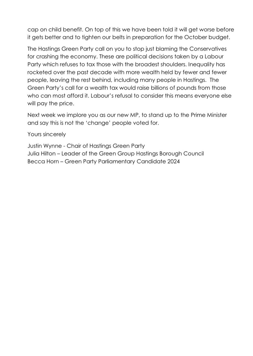 As parliament returns next week, the Hastings Green Party executive, Leader of the Green Group and Hastings Borough Council, and Parliamentary Candidate, have written to MP Helena Dollimore, asking her to speak up for Hastings and Rye, and reject Labour's austerity policies.