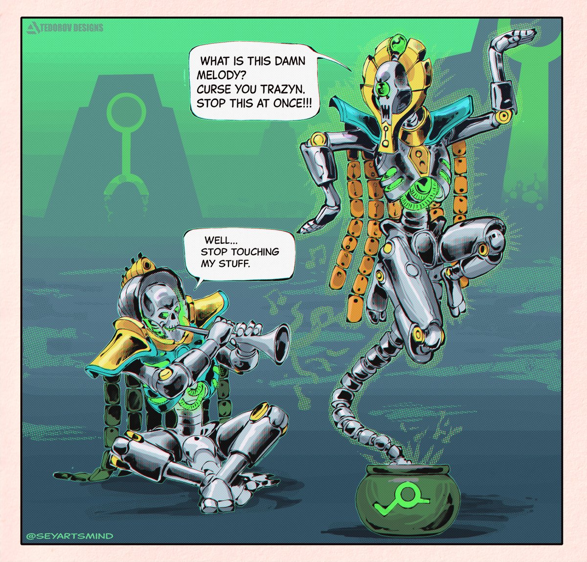 Here is a scene that I would love to see in the future book of infinite and the divine, where Trazyn is snake charming Orikan. #art #warhammer40k #comics