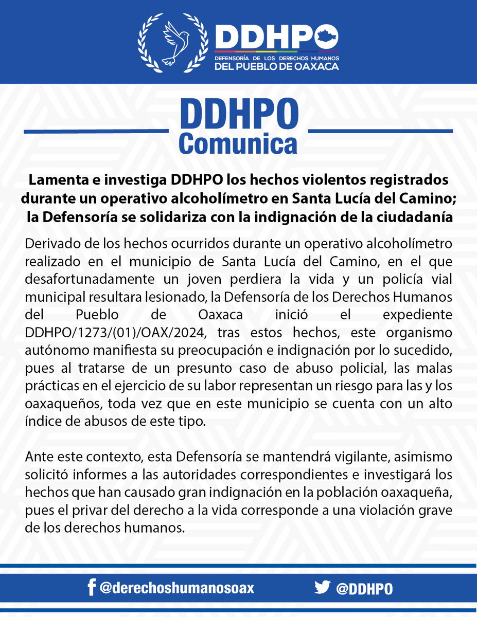 DDHPO's tweet photo. Ante los hechos suscitados en Santa Lucía del Camino, en donde lamentablemente un joven perdiera la vida, la DDHPO informa: https://t.co/5rtjz7eeW5