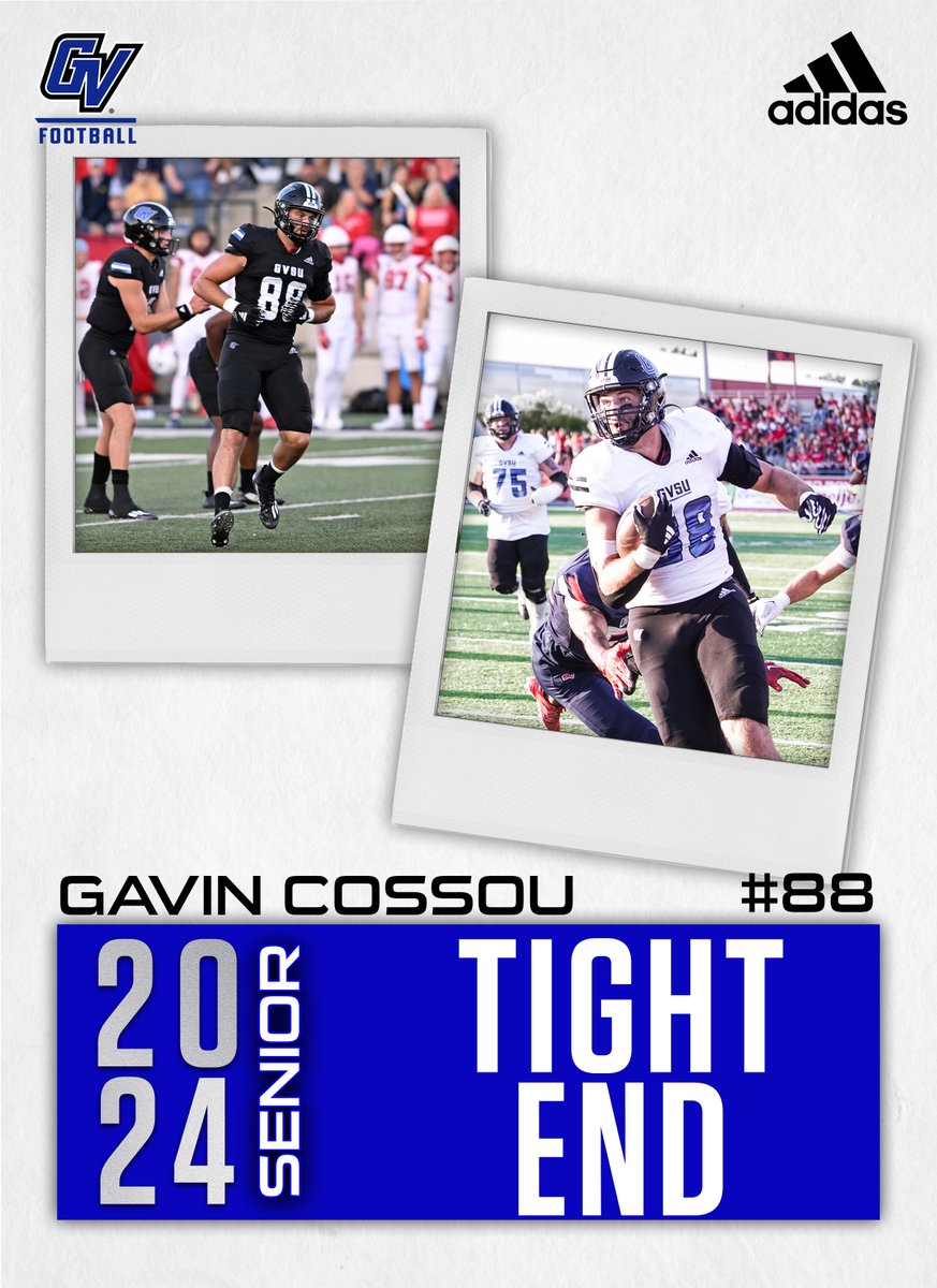 The bookend of GVSU Tight End U, senior Gavin Cossou. Played in 37 career games, with 28 receptions for 367 yards and four TDs. #AnchorUp