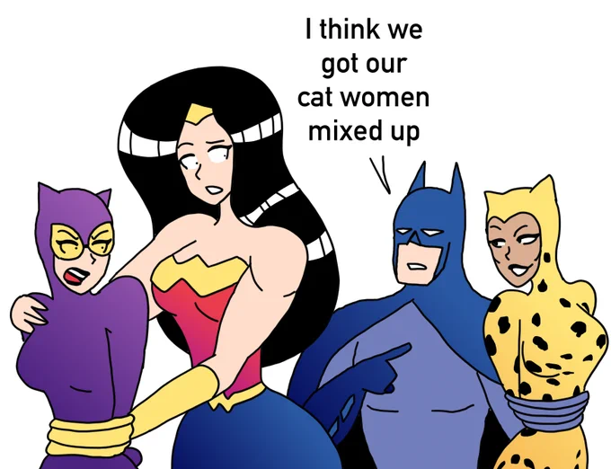 Wonder woman and Batman get the wrong cats. 