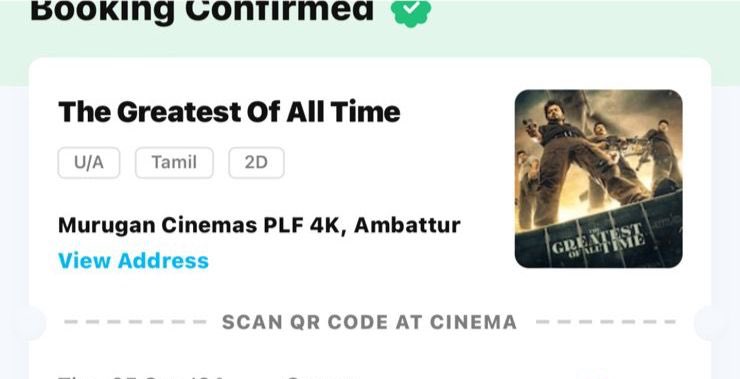 kt_vignesh's tweet photo. #GOATTheMovie #GOAT 
Murugan Cinemas - Ambattur 
Tkts available 
11.55 and 4:20 PM Show
Dm soon
First come first serve
#murugan #fdfs #thalapathy #vijay #goatfdfs #Ticketforsale #ticket #murugancinemas https://t.co/V6cn542yQN