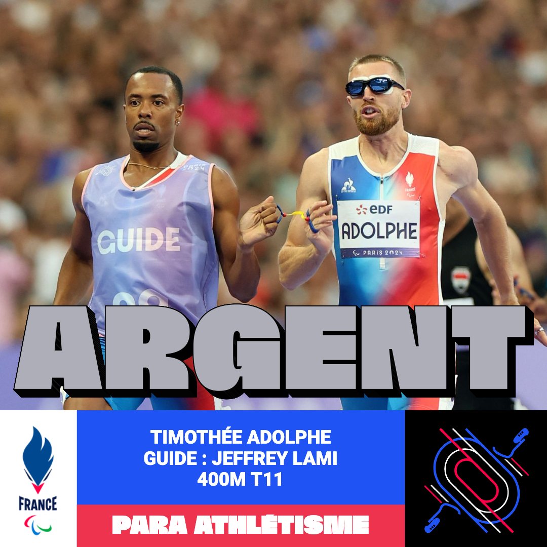 VICE-CHAMPIONS PARALYMPIQUES 🥈

Notre guépard blanc, Timothée Adolphe et son guide Jeffrey Lami montent sur le podium dans un Stade de France en feu 🔥

#AllezLesBleus #Paris2024