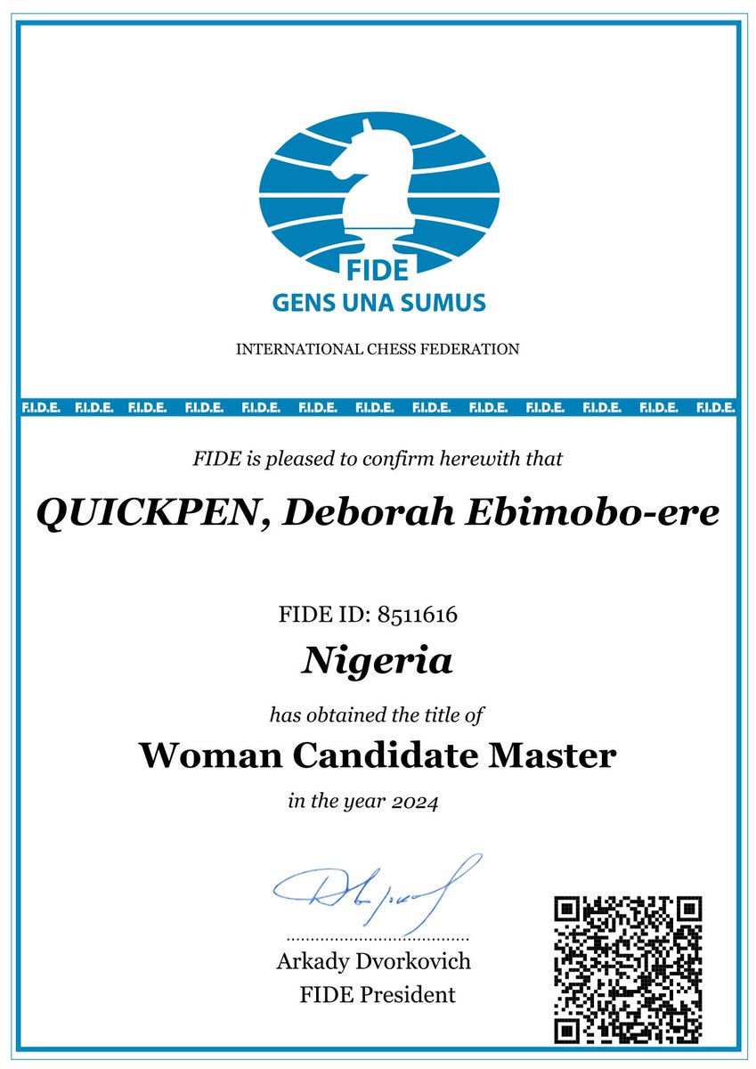 deborahquickpen's tweet image. Official 
Just in time as I prepare for the Chess Olympiad in Hungary,my first ever @FIDE_chess title,Deborah Quickpen is a Woman Candidate Master (WCM) 😇💃🏾
The dream remains to attain the height of a Grand Master. Many thanks to @MauriceAshley, @YemiEdun, @Tunde_OD and everyone