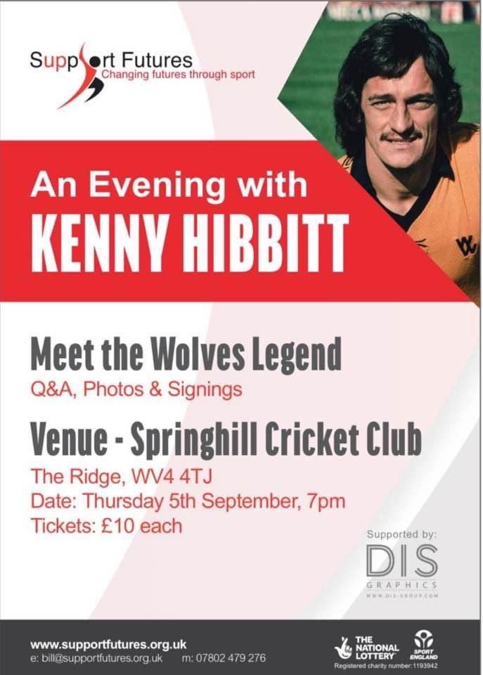 🚨 Limited tickets remaining! 🚨 

Join us for an evening with Wolves great Kenny Hibbitt this Thursday (September 5th). 

DM for tickets or you can buy direct on the link below:

springhill-cricket-club.sumupstore.com/product/kenny-…