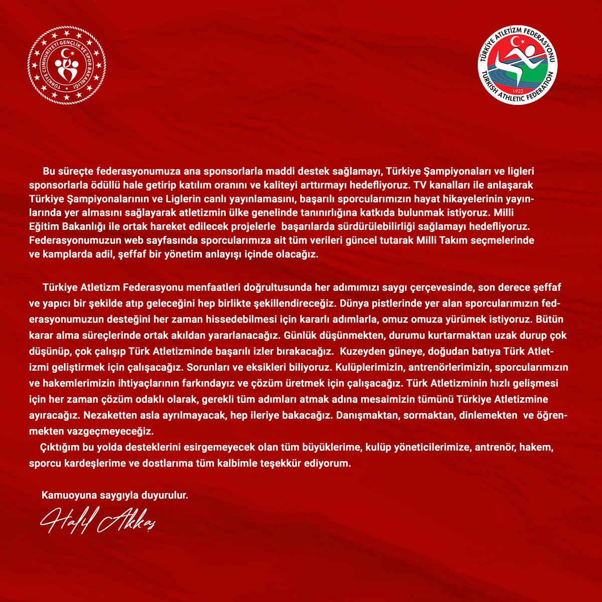 Türkiye Atletizm Fedarasyon’u Başkan Adayı Olan Değerli Büyüğümüz <a href="/halilakkass/">Halil AKKAŞ</a>’a Bu Kutsal Görevde ve Yolda Başarılar Dileriz.!🇹🇷 #atletizm #taf #halilakkaş #türkiye