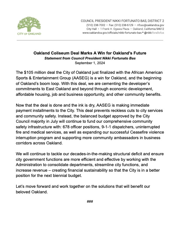 Nikkiforallofus's tweet image. The $105 million deal the City of @Oakland just finalized with @AASEGOakland is a win for Oakland - for community safety, economic opportunity and our city’s future. It's the beginning of Oakland’s #boomloop. Let's move forward together. 

Full statement below.