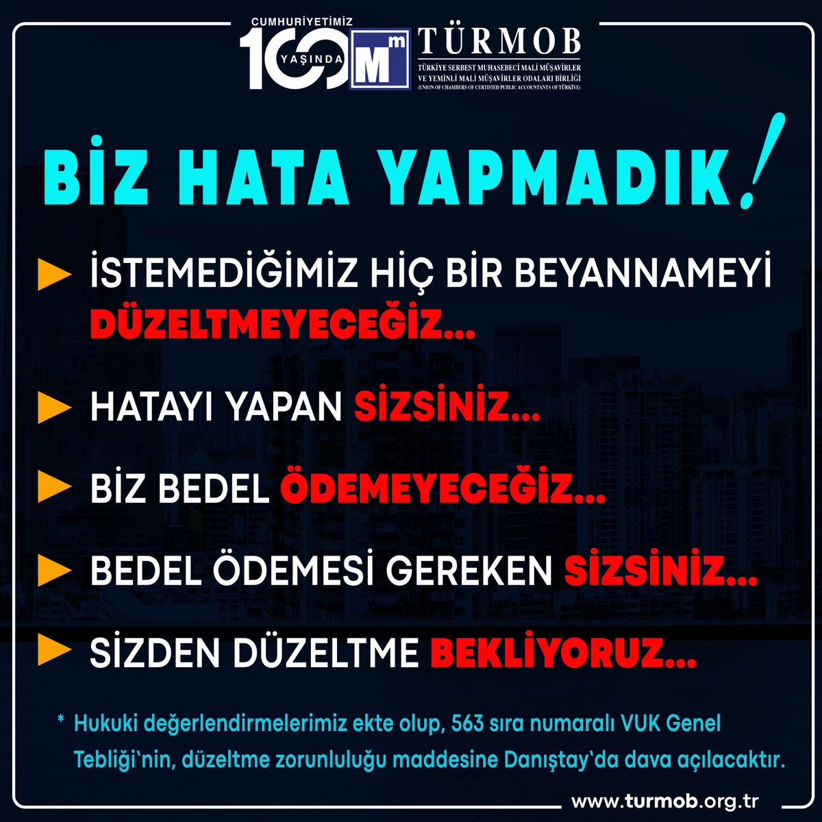 BİZ HATA YAPMADIK!..

📍 İstemediğimiz hiçbir beyannameyi DÜZELTMEYECEĞİZ.
📍 Hatayı yapan SİZSİNİZ.
📍 Biz bedel ÖDEMEYECEĞİZ.
📍 Bedel ödemesi gereken SİZSİNİZ.
📍 Sizden düzeltme BEKLİYORUZ.

HUKUKİ DEĞERLENDİRME ➡ turmob.info/3MuSBGQ

#türmob
#EnflasyonMuhasebesi