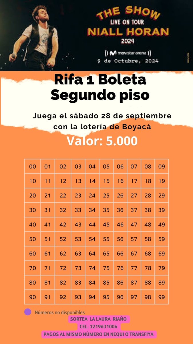 Lara7167's tweet photo. ¡Rifa para el concierto de Niall Horan en Bogotá! 🎉
 Rifa por solo $5,000 y participa para ganar una entrada al concierto de Niall Horan este 9 de octubre. 🎤🎶

¡No te pierdas esta oportunidad! Para comprar, envíame un mensaje directo. 🍀🎫

#NiallHoranEnBogotá #RifaConcierto https://t.co/QxNLQ9QGUO