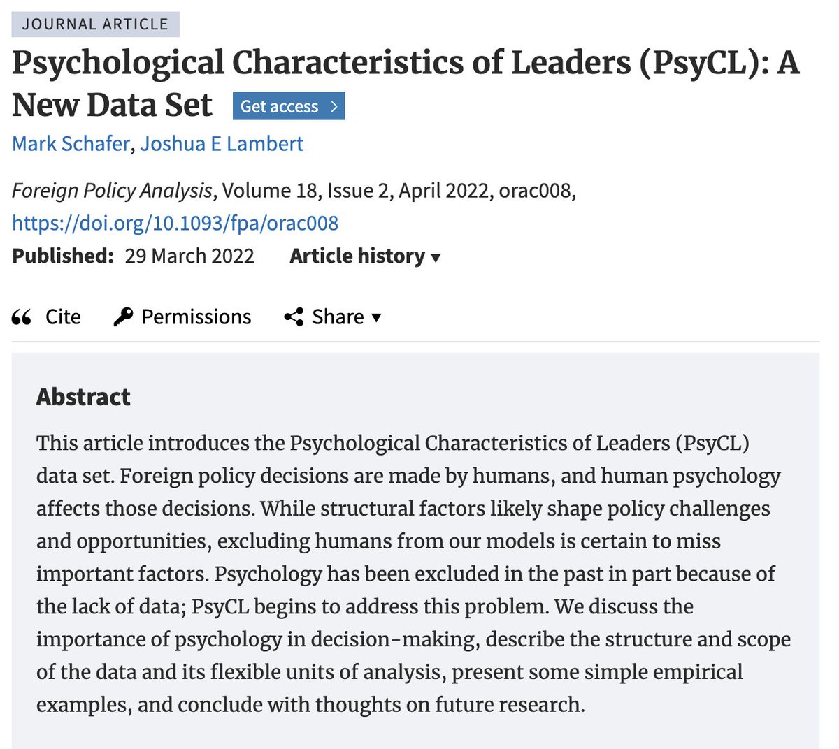 How does human psychology impact #ForeignPolicy decisions? Mark Schafer and Joshua Lambert discuss the importance of psychology in decision making, its absence from FP, and introduce their new dataset in their 2022 article "PsyCL: A New Data Set"
academic.oup.com/fpa/article-ab…