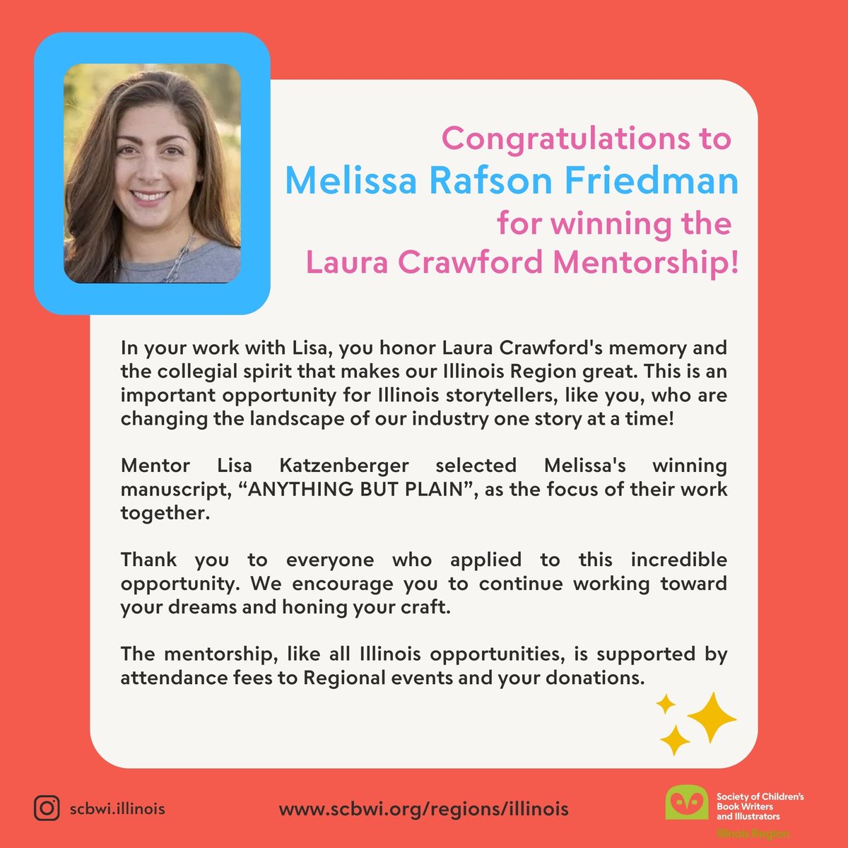 Congratulations to Melissa Rafson Friedman on winning the SCBWI-IL 2024 Laura Crawford Mentorship with this year's mentor, Lisa Katzenberger!