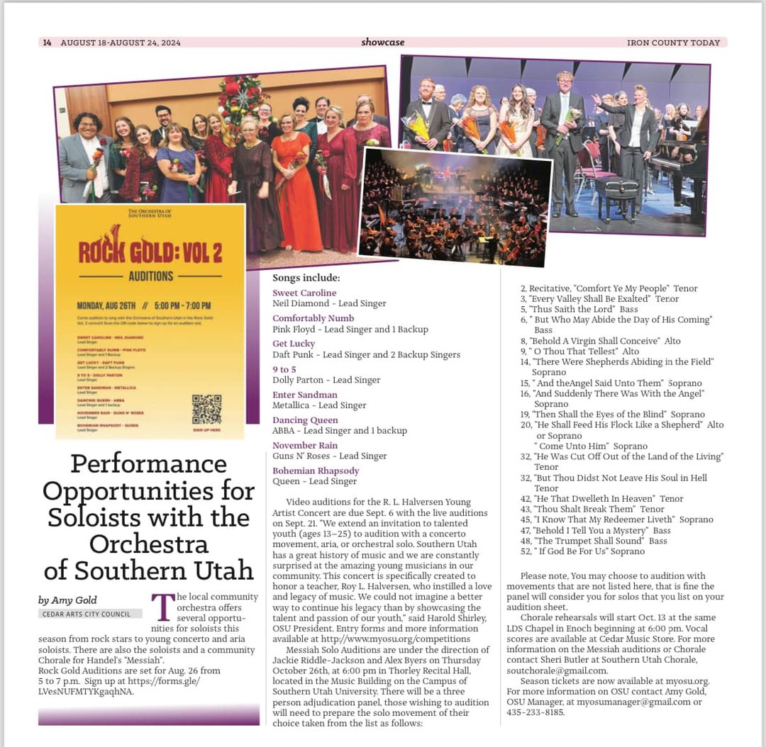 New date for Messiah solo auditions. “The date is September 26, 2024, The Auditions will be held in Thorley Recital Hall, in the Music Building on the Campus of Southern Utah University.
Those auditions begin at 6 pm.
 Tickets and more information at myosu.org