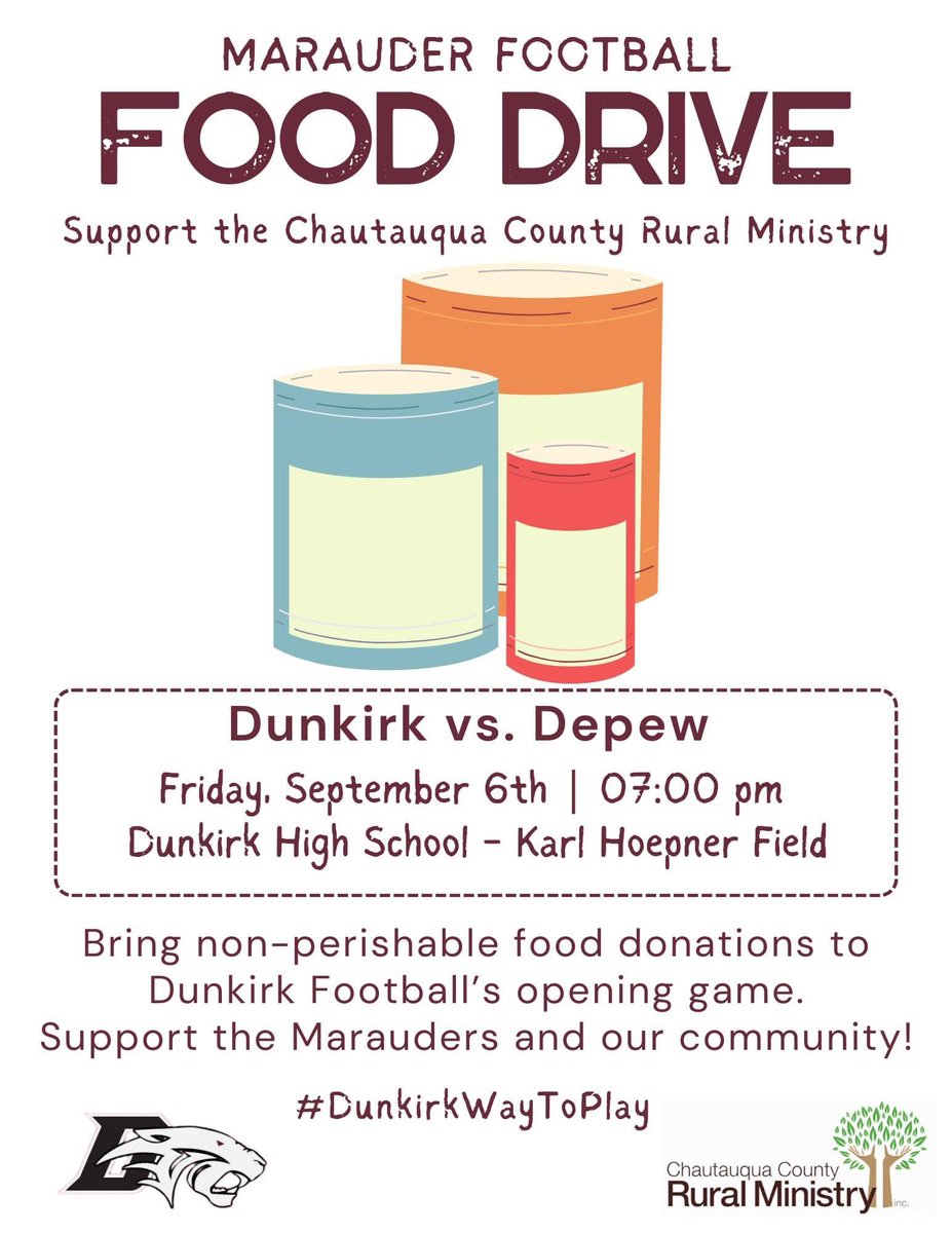 Dunkirk High School Football (@marauder_fb) on Twitter photo WE WILL BE HOSTING A FOOD DRIVE THIS FRIDAY AT OUR SEASON OPENER TO HELP SUPPORT THE CHAUTAUQUA COUNTY RURAL MINISTRY!!
PLEASE BRING NON-PERISHABLE FOOD ITEMS TO OUR SEASON OPENER THIS FRIDAY AGAINST <a href="/DepewFootball/">Depew Wildcat Football</a>
LET’S STEP UP AND SUPPORT OUR COMMUNITY! WE WILL BE HOSTING A FOOD DRIVE THIS FRIDAY AT OUR SEASON OPENER TO HELP SUPPORT THE CHAUTAUQUA COUNTY RURAL MINISTRY!!
PLEASE BRING NON-PERISHABLE FOOD ITEMS TO OUR SEASON OPENER THIS FRIDAY AGAINST <a href="/DepewFootball/">Depew Wildcat Football</a>
LET’S STEP UP AND SUPPORT OUR COMMUNITY!