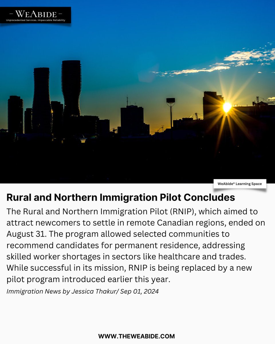 theweabide's tweet image. The Rural and Northern Immigration Pilot has officially concluded. This successful program helped address skilled worker shortages in remote Canadian communities. A new pilot program will take its place.

#RNIP #CanadianImmigration #RuralCanada