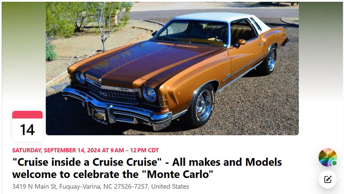 FOR THOSE IN THE WAKE COUNTY, NC AREA:

Let's fill this Cruise with Monte's!

Event by our NC affiliate NICK - N.C. Independent Car Klub

Cruise within a Cruise - Celebrating the "Chevrolet Monte Carlo" on 9/14/24 from 10am - 1pm. In Fuquay Varina, NC:

facebook.com/events/1052920…