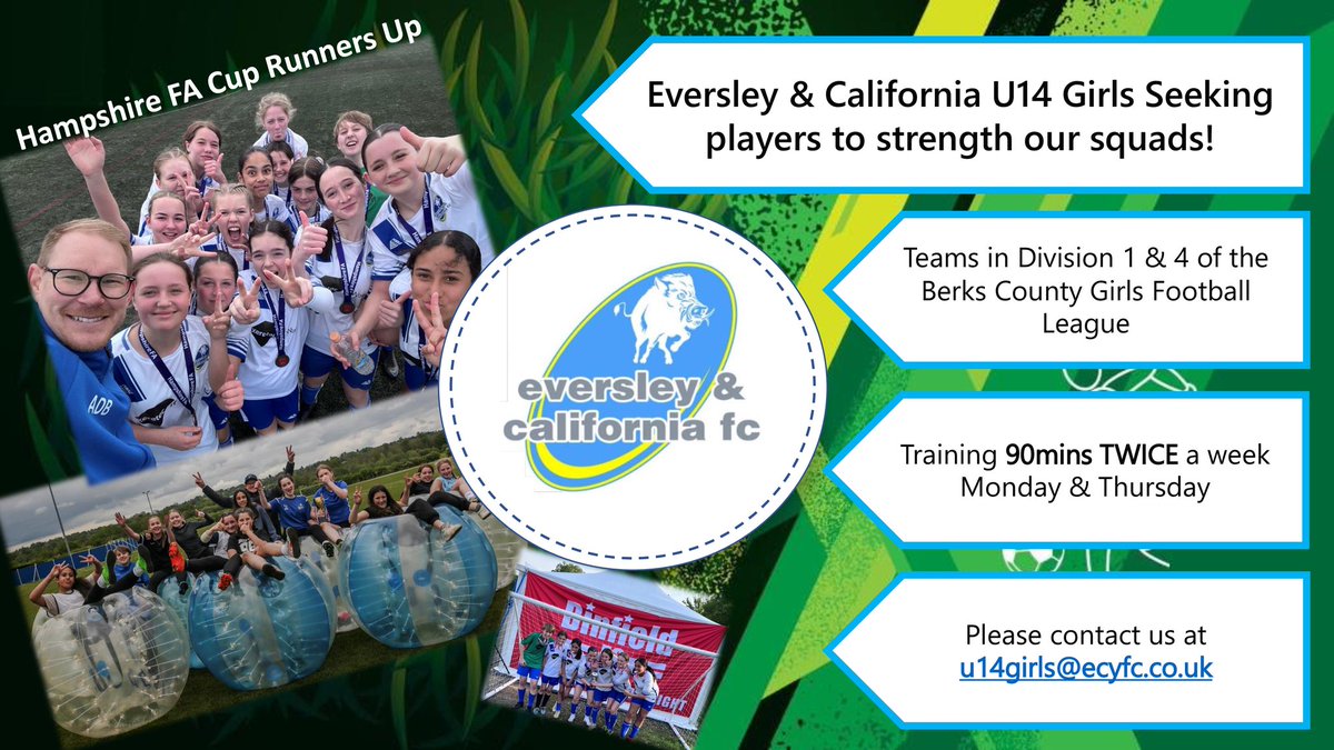 Looking for players to strengthen our U14 Girls squad. Please share and spread the word!

For anyone interested who lives in the local areas Shinfield, Spencers Wood, Arborfield, Yateley etc, please get in touch. u14girls@ecyfc.co.uk