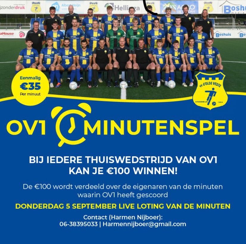 OldeVeste's tweet image. Maak kans op een mooie prijs van het minuten spel, donderdag 5 september om 22:00 worden de minuten live getrokken!